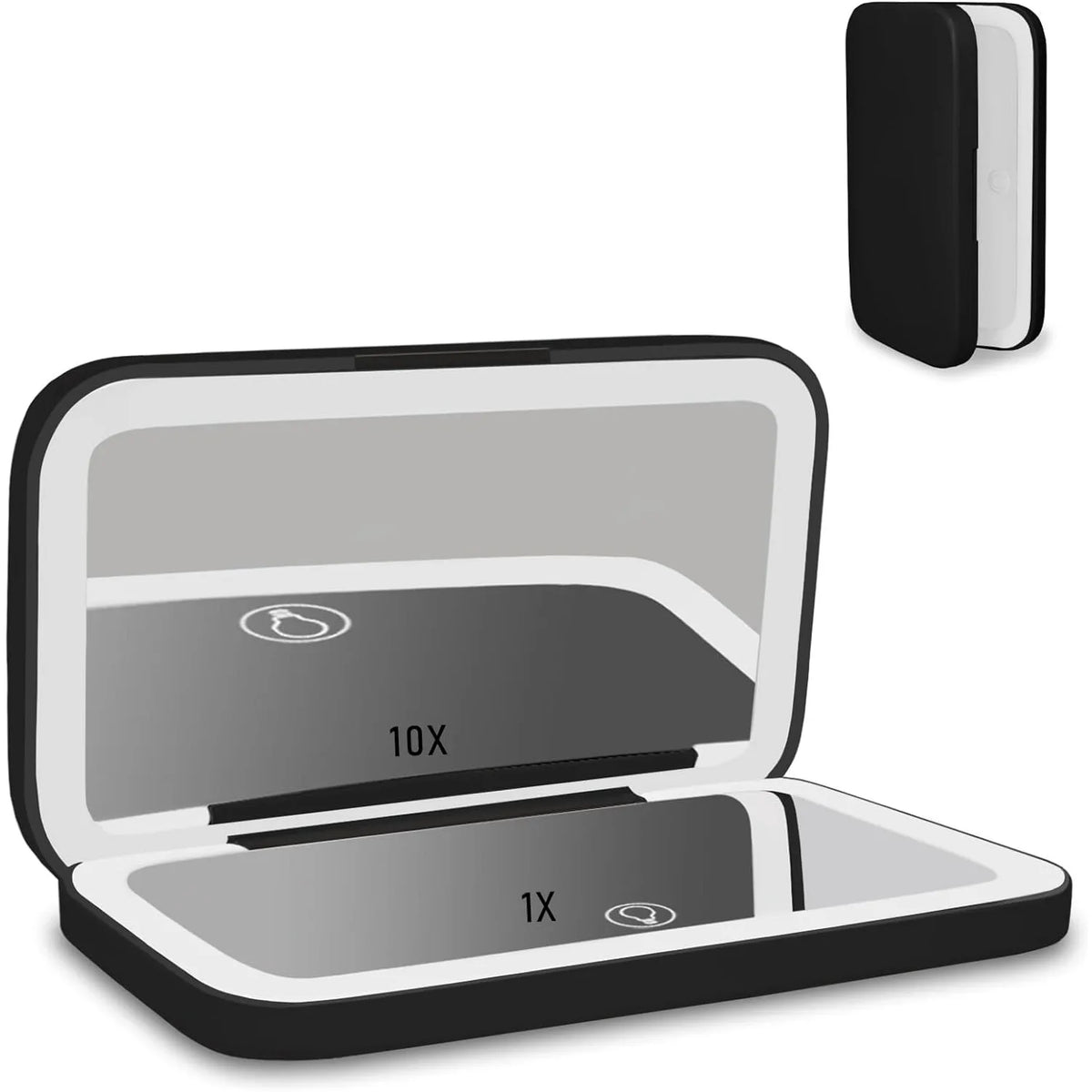 A black and white electronic cigarette case shown open, with a smaller inset image in the top right showing the case closed. The open case has a mirror on the inside lid with text indicating 10X and 1X, on a plain white background.