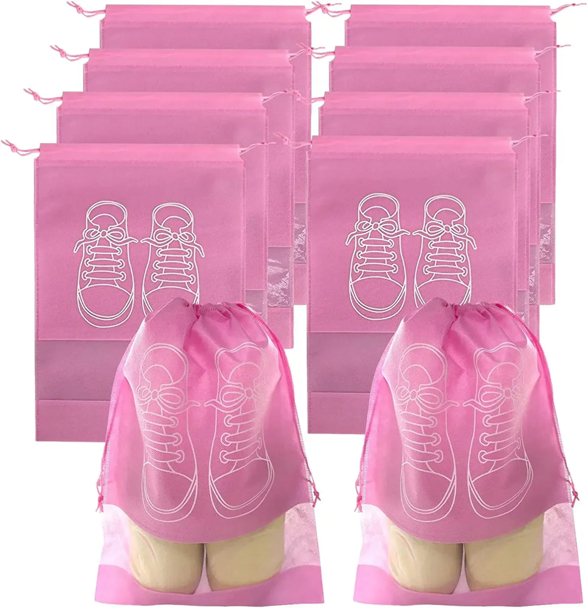 Set of pink shoe bags with drawstrings on a white background
