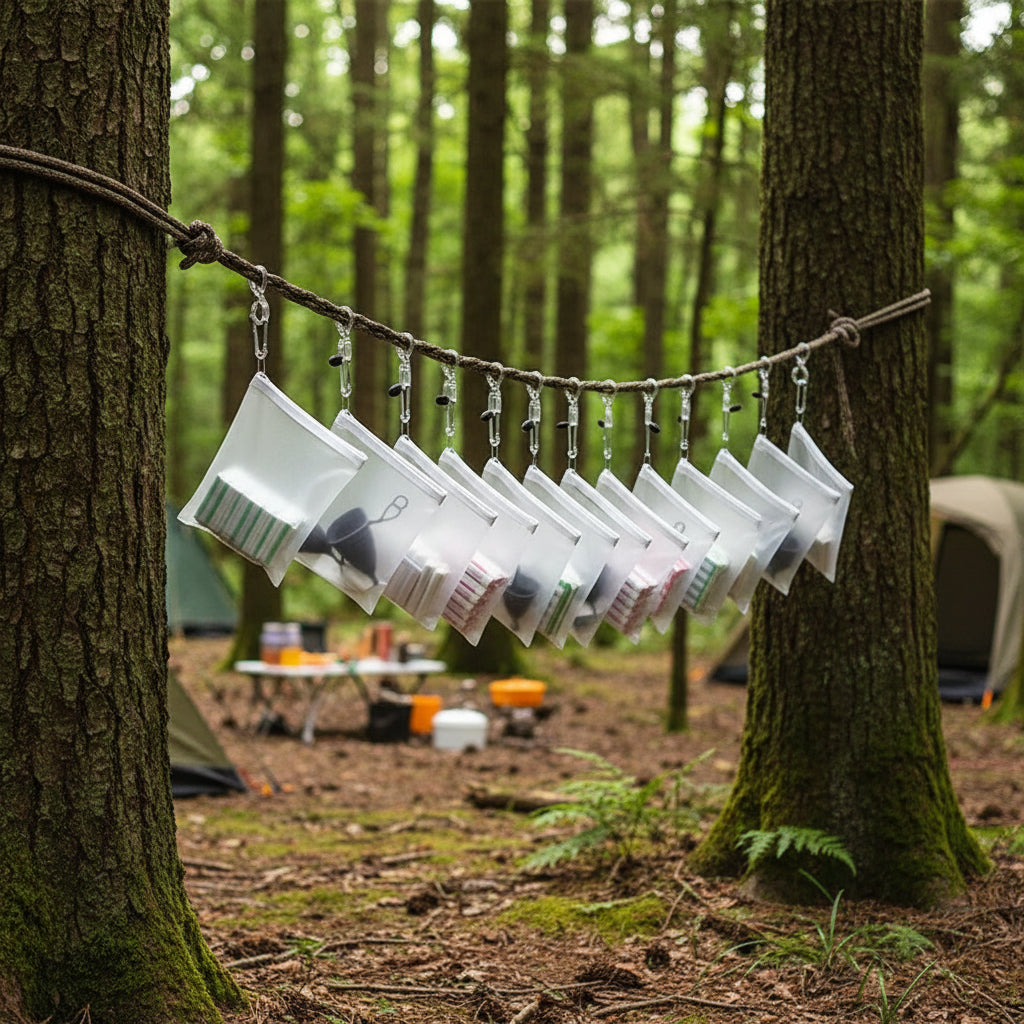 women's period items stored in mesh zipper pouches in camping