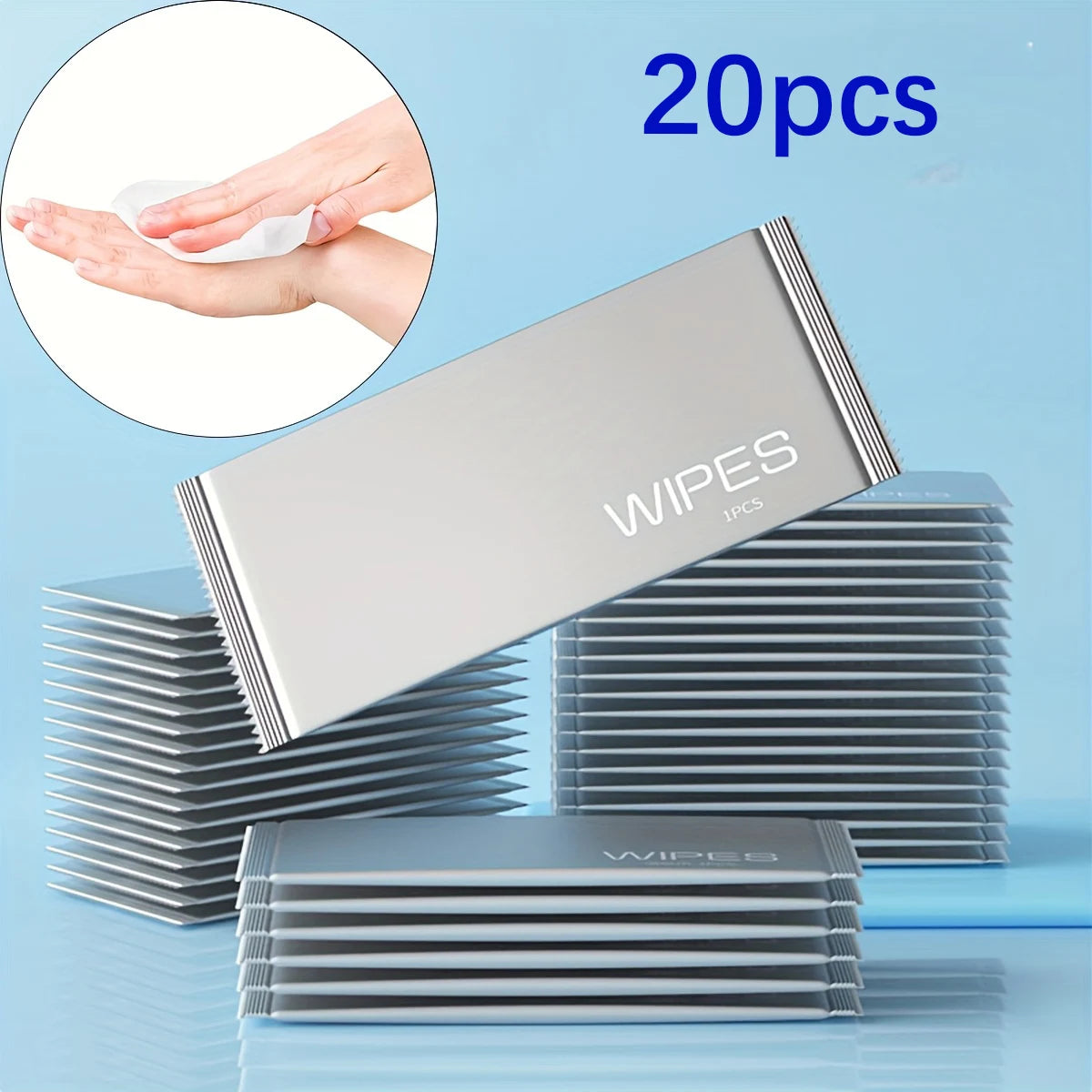 Pack of wipes with a hand holding a wipe on a blue background