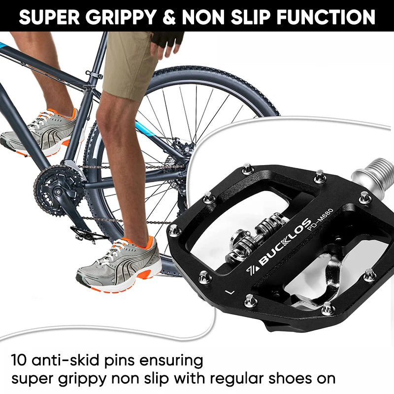 Bucklos MTB SPD Dual-Function Pedals – Clipless & Flat Platform, Non-Slip