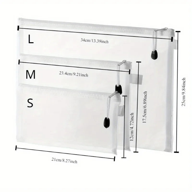 mesh zipper pouches with size labels and measurements on a white background