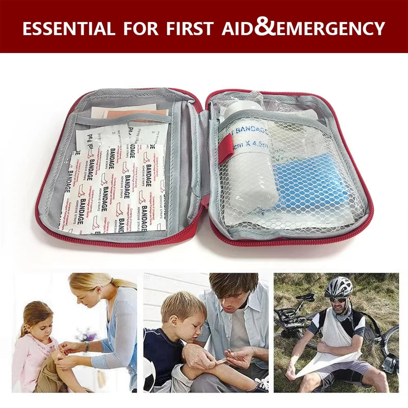Open first aid kit with bandages and other supplies, labeled 'Essential for First Aid & Emergency'.