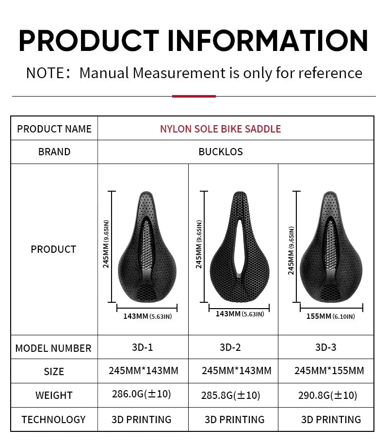 Bucklos Carbon 3D Printed Bicycle Saddle – 143mm/155mm Road & Mountain Bike