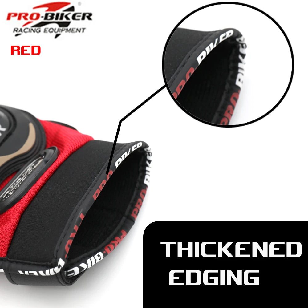 Black and red protective gear with 'Pro-Biker' branding and 'thickened edging' feature.