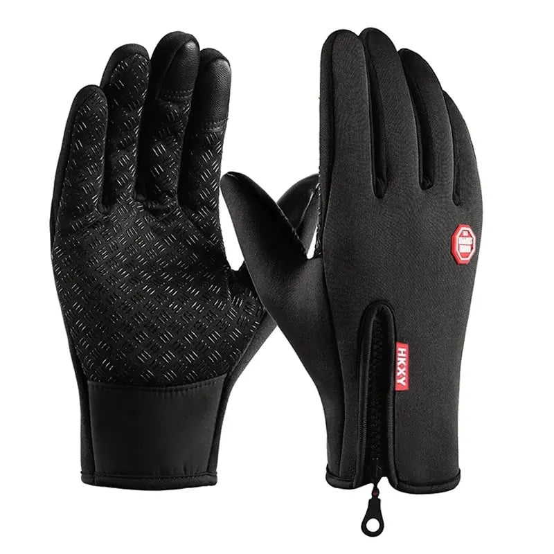 Pair of black gloves with brand logo on a white background