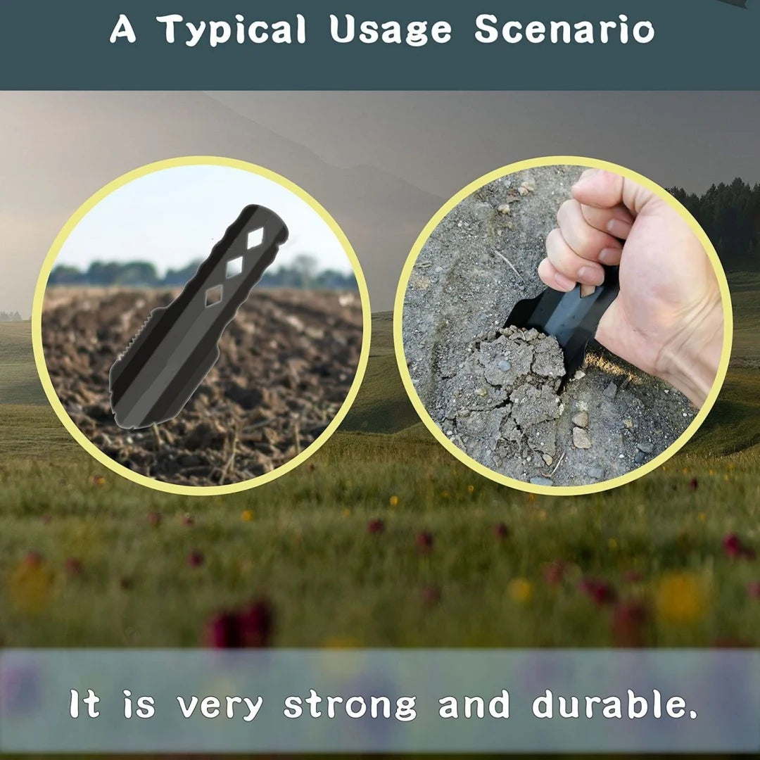 Tool being used to break up soil with a scenic background