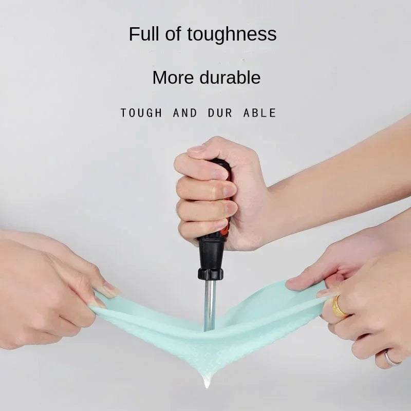 Hands using a screwdriver to puncture a piece of light blue fabric, with text indicating toughness and durability.