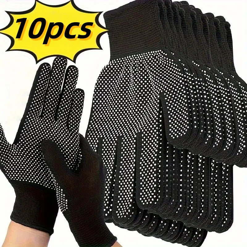 Pack of 10 black gloves with textured palm, displayed with a hand wearing one glove.