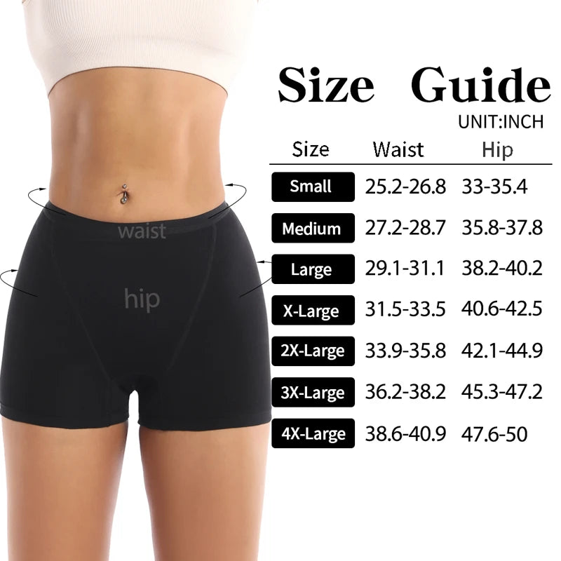 Size guide for black shorts with waist and hip measurements on a white background
