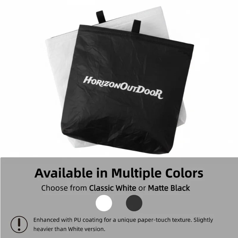 Black bag with 'Horizon Outdoor' logo on a white background, featuring text about color options and texture.