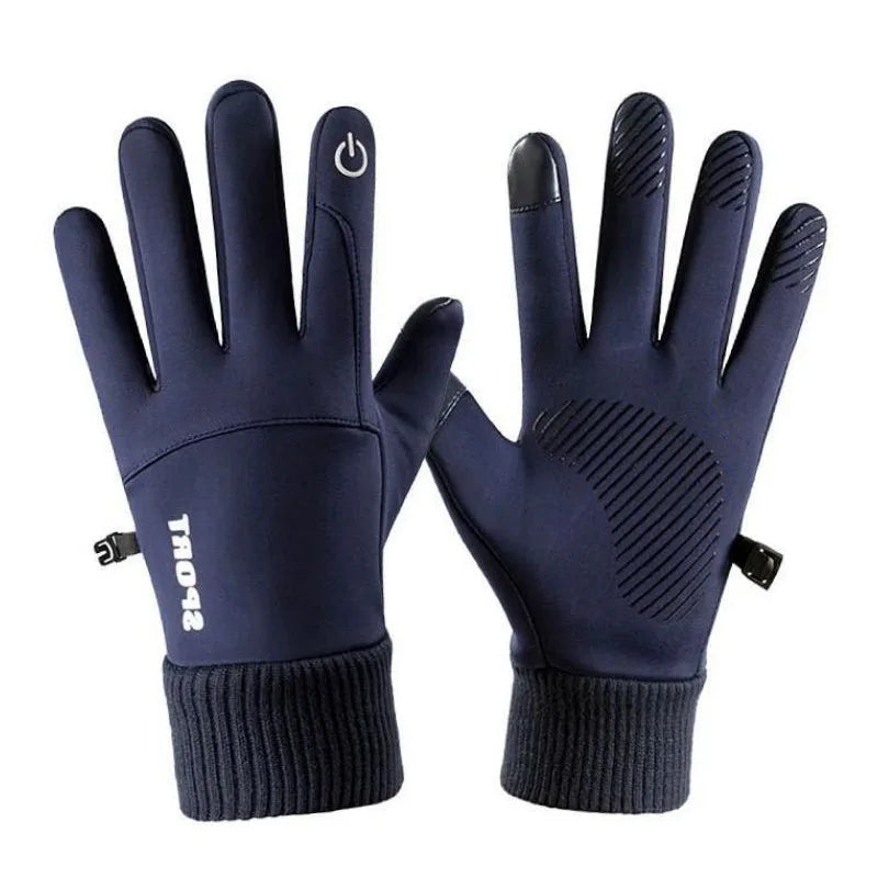 Pair of navy blue gloves with touch screen tips on a white background