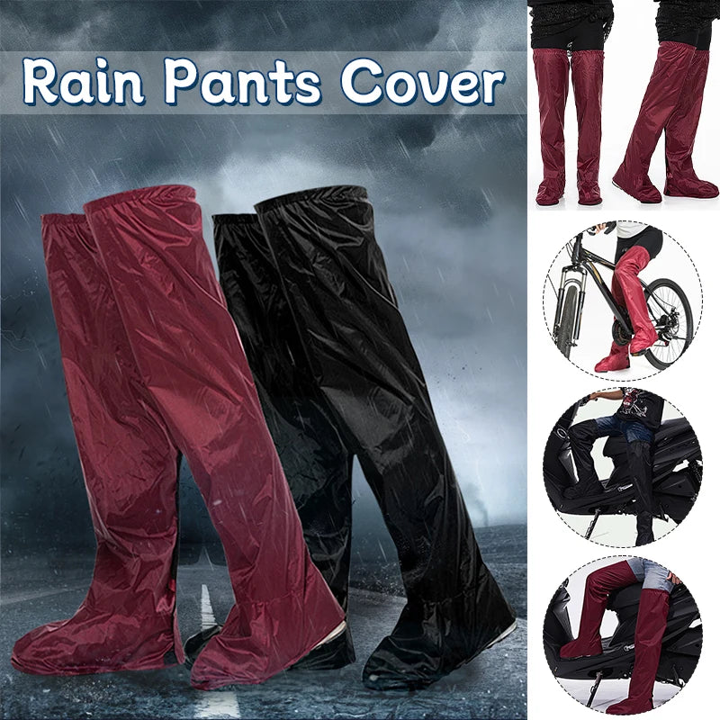 A set of rain pants covers shown in two colors: a glossy black version and a deep burgundy red version. The left side features both covers against a dark, rainy background with the text 'Rain Pants Cover' at the top.