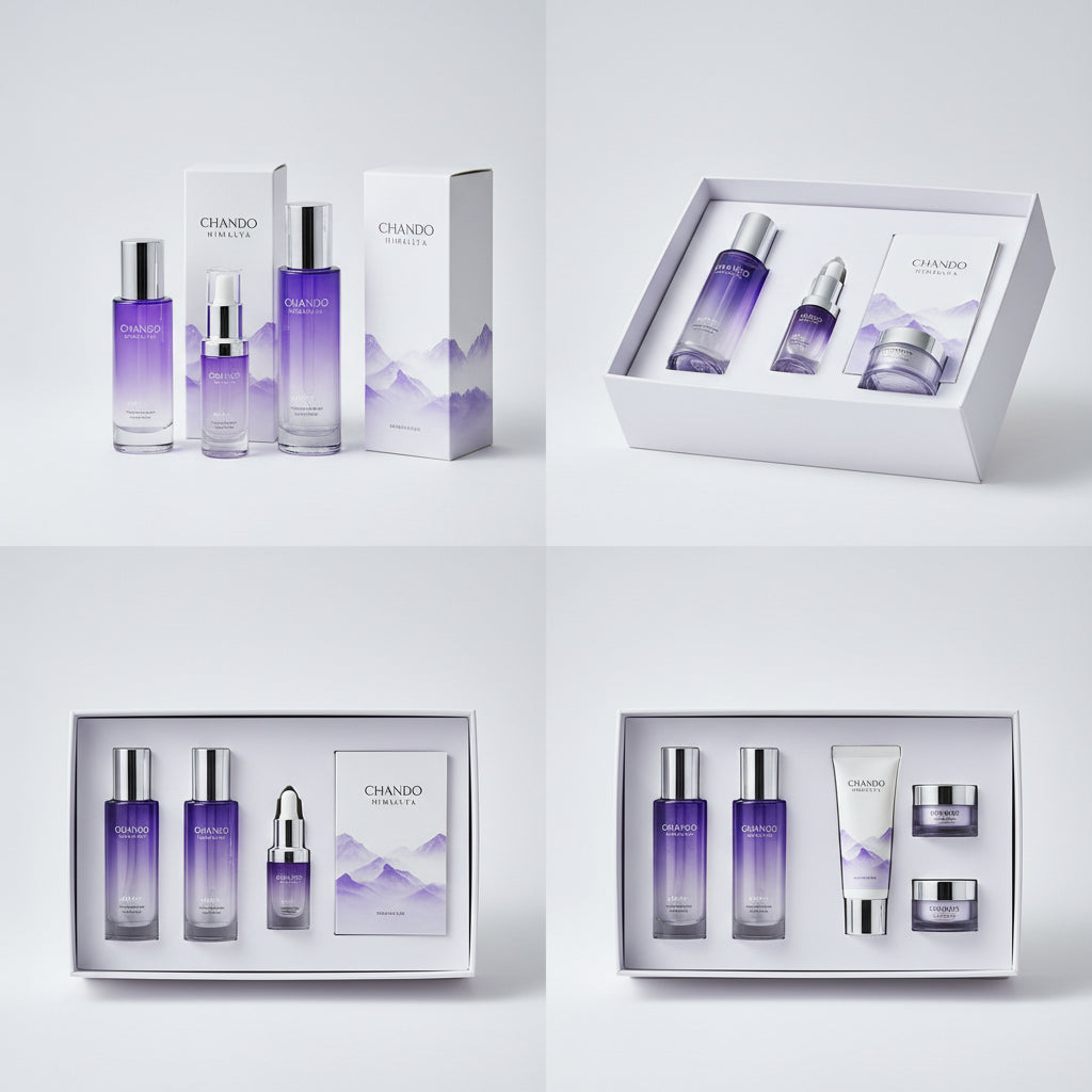 Four-panel collage showing a Chando skincare set in purple packaging, including bottles, jars, tubes, and boxes, with Chinese text at the top reading '产品实拍图'.