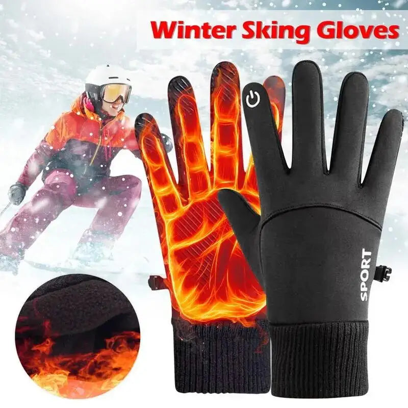Black winter skiing gloves with flame design on palm, shown with a skier in the background.
