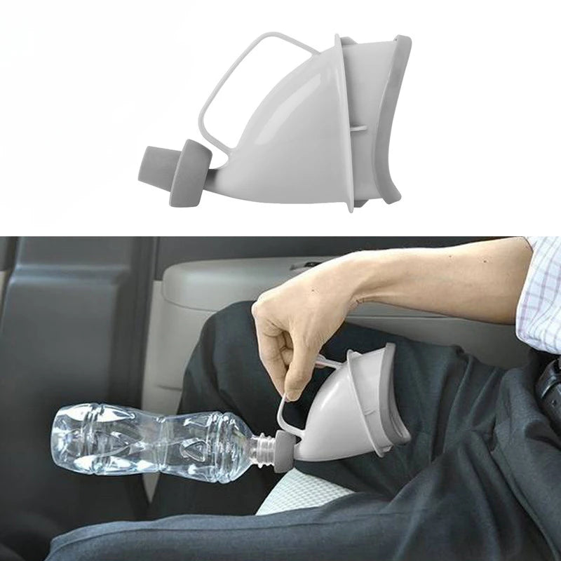 Person using a portable urination funnel in a car, demonstrating travel use.