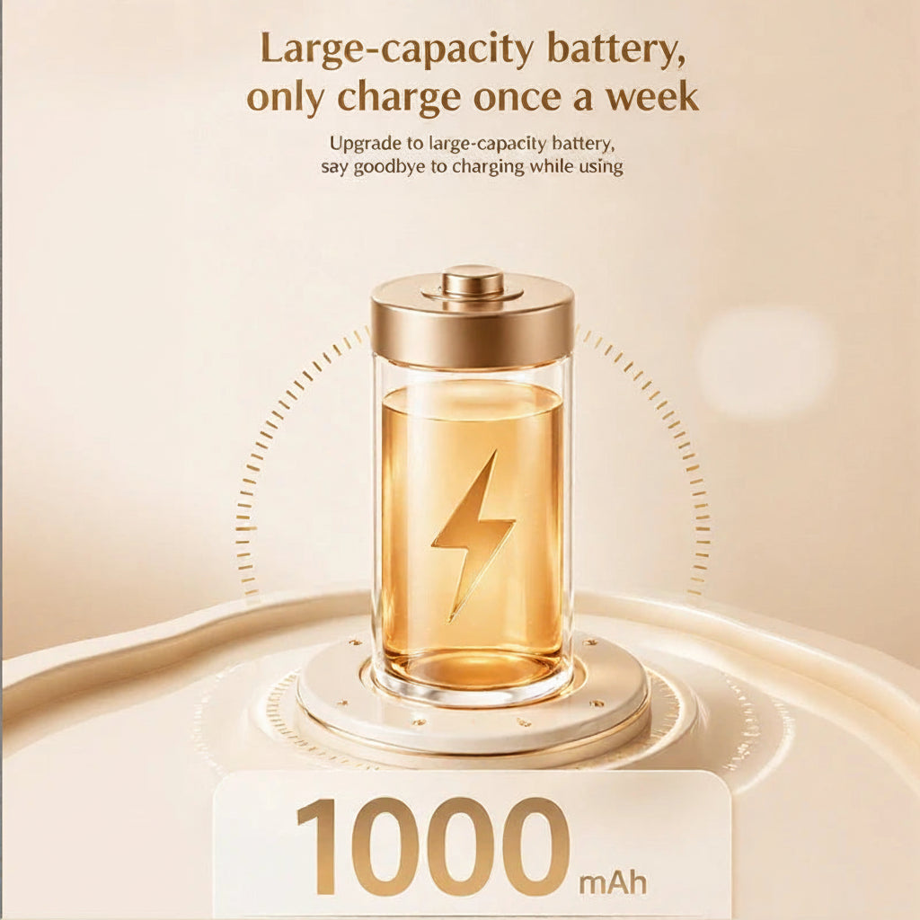 A promotional graphic for a large-capacity battery product showing a transparent cylindrical battery with a gold lightning-bolt symbol and a gold top cap, placed on a matching circular base. Text at the top reads 'Large-capacity battery, only charge once a week' and '1000 mAh' appears at the bottom.