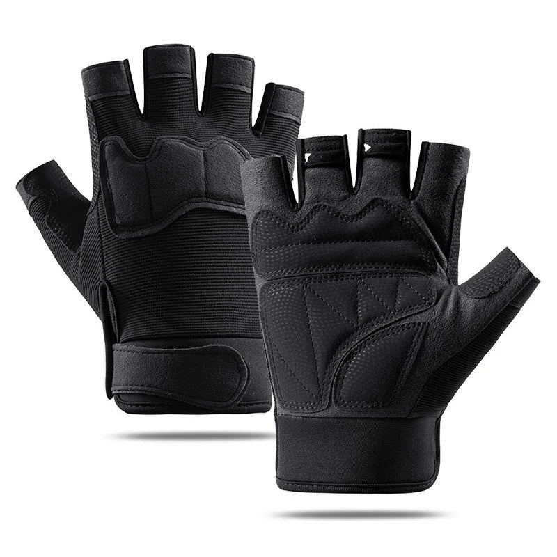 Pair of black half-finger gloves on a white background