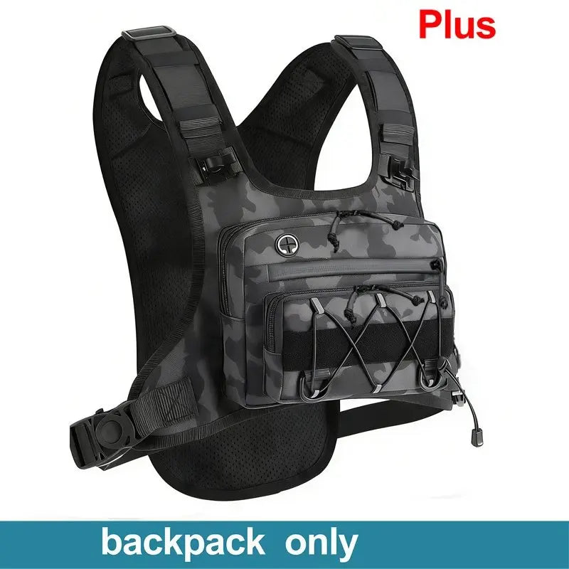 A tactical backpack shown on a white background and a red 'Plus' label in the top right. The backpack features a dark gray and black camouflage pattern with black mesh padding and multiple zippered compartments.