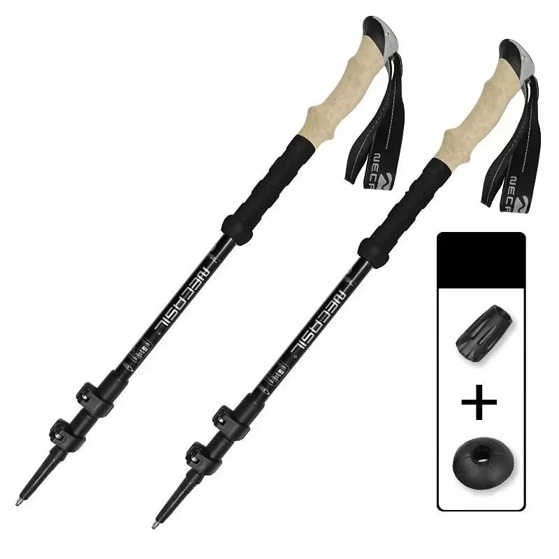 Pair of black hiking poles with beige grips on a white background