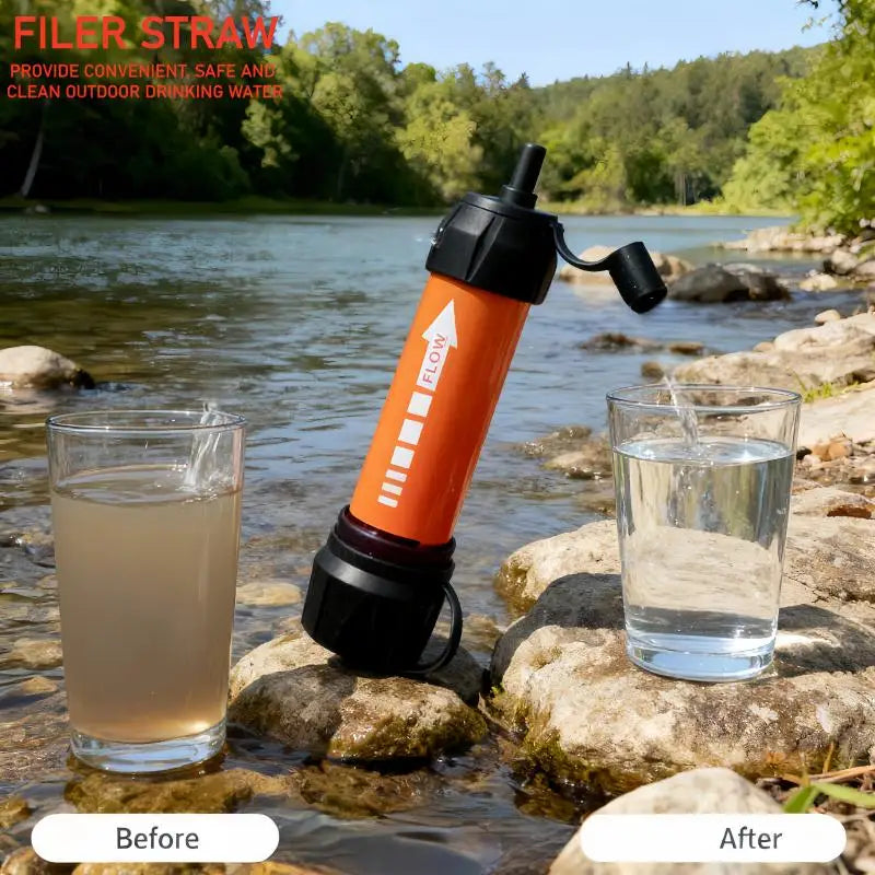 Filter Straw water filter on rocks by a river with two glasses of water, one before and one after filtration.