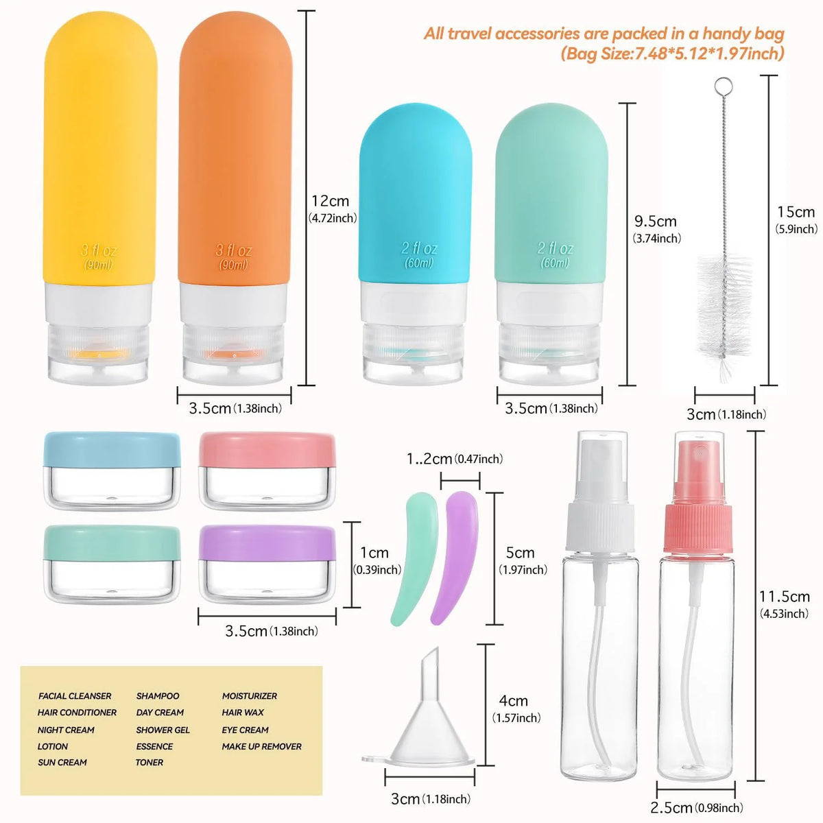 A product measurement diagram showing various travel accessory sizes and dimensions in centimeters and inches, including cylindrical bottles, small jars, a funnel, a spray bottle, and a cleaning brush, with text noting all accessories are packed in a handy bag.
