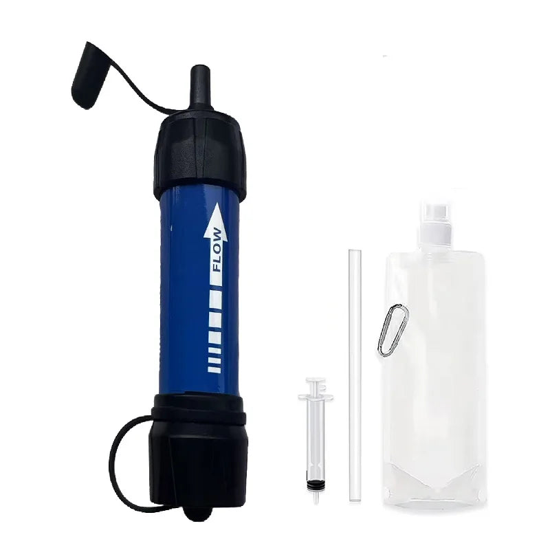 Blue and black water filter with additional components on a white background
