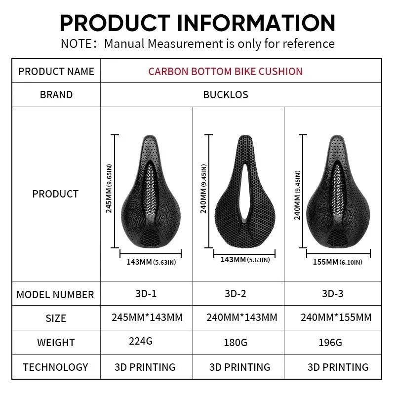 Bucklos Carbon 3D Printed Bicycle Saddle – 143mm/155mm Road & Mountain Bike