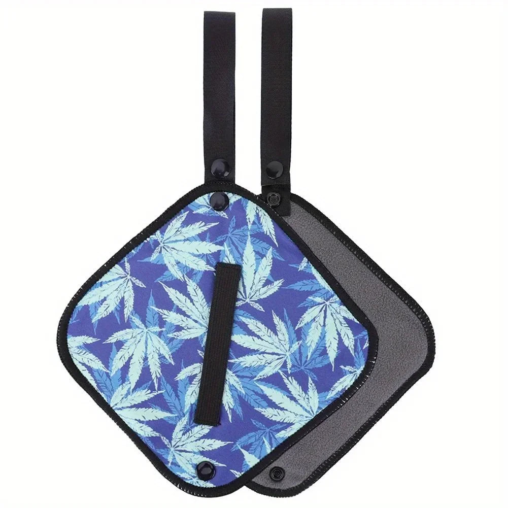 Luggage tag with blue leaf pattern on a white background
