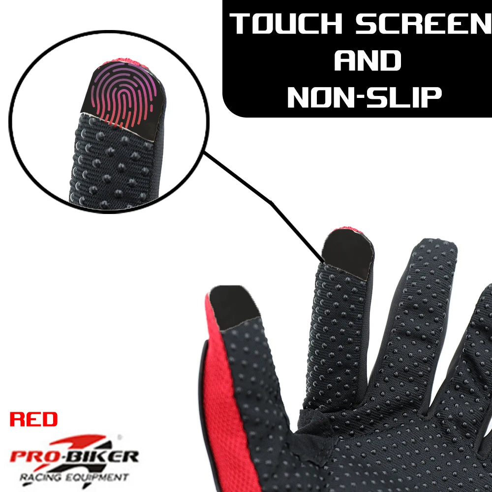 Black and red glove with touch screen and non-slip features, featuring Pro-Biker Racing Equipment logo.