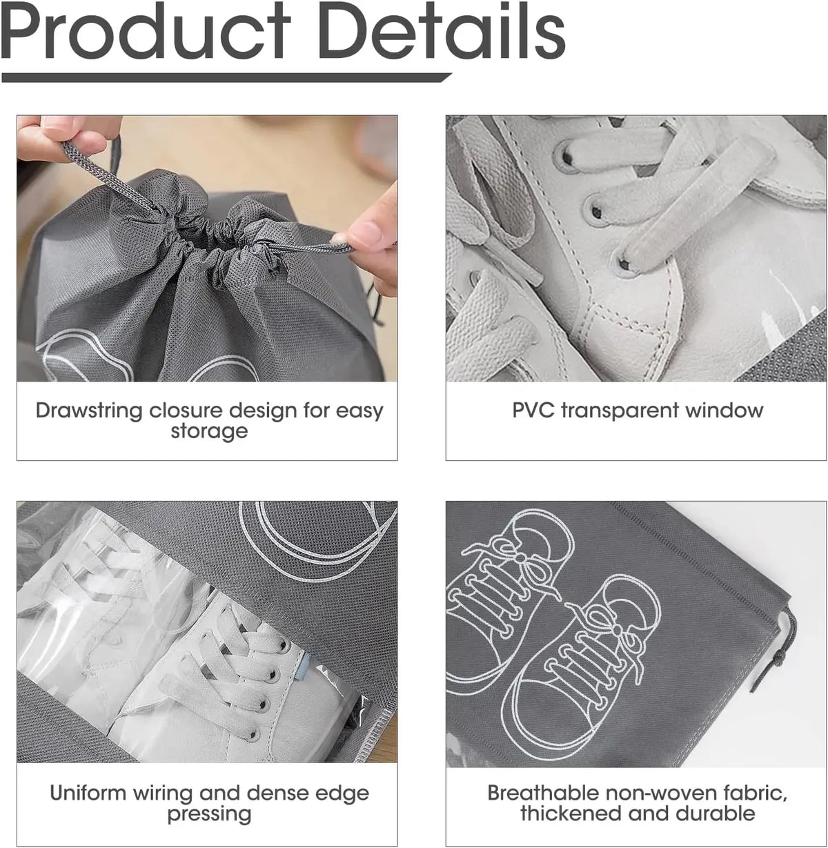 Product details of a drawstring bag with shoe design, including features like PVC window and durable fabric.