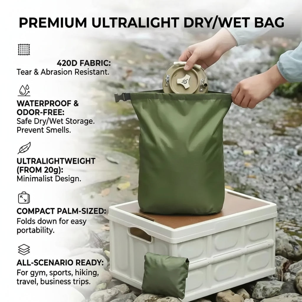 An olive green dry/wet bag being filled by a person outdoors near a rocky stream, with marketing text listing features like 420D fabric, waterproofing, odor-free storage, lightweight design, and compact palm-sized portability.