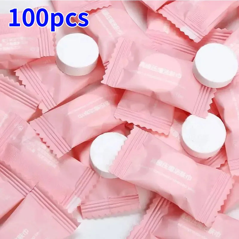 100 pink packaging units with white caps on a white background