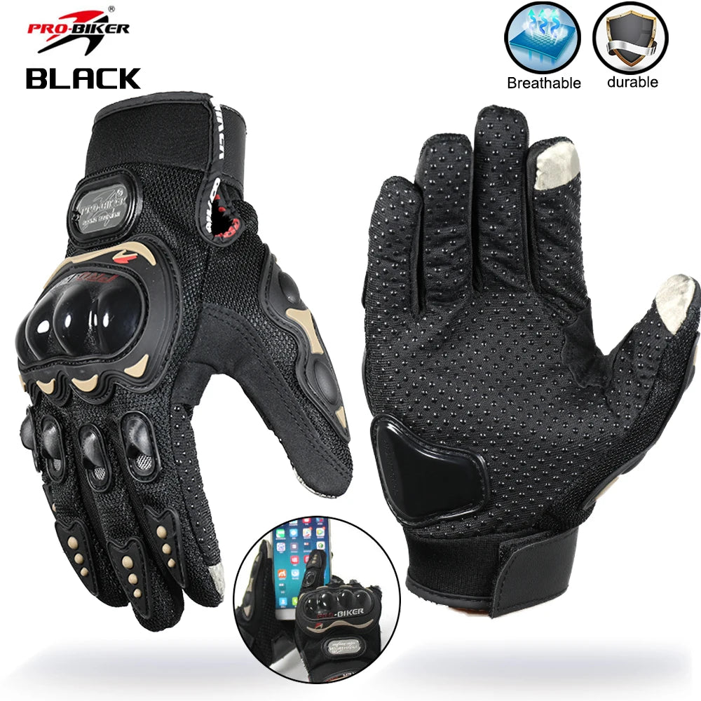Black motorcycle gloves with touch screen tips on a white background, featuring the Pro Biker brand.
