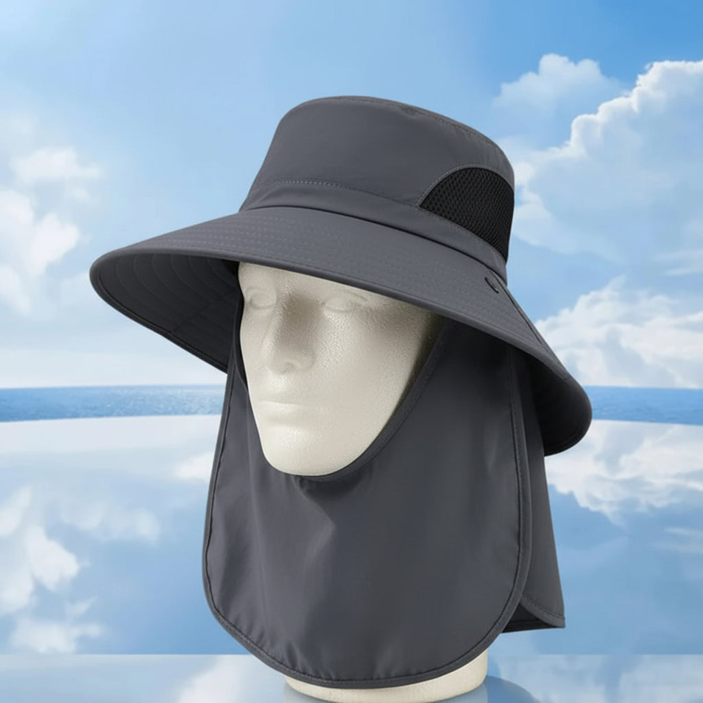 Gray sun hat with a removable face mask on a blue sky background