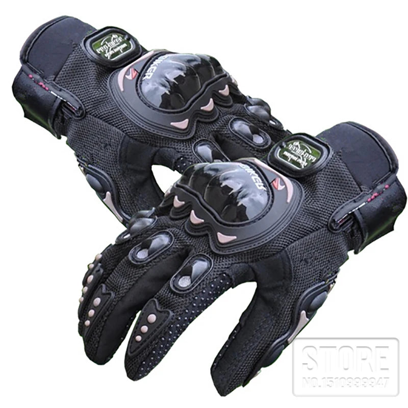 Black motorcycle gloves with detailed design on a white background