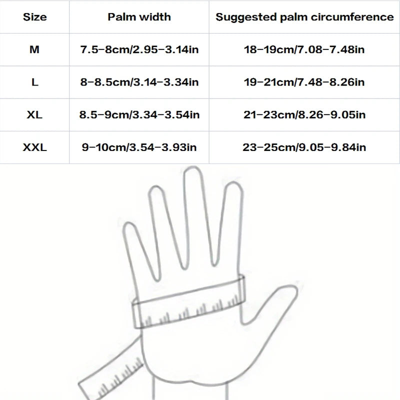 Hand size chart with measurements for palm width and circumference