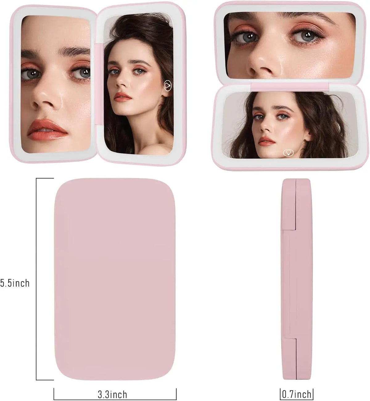 Pink rectangular compact mirror shown with three views: two open-face views displaying a model's face in the mirror, and two closed views showing the compact's front and side. Measurement labels indicate 5.