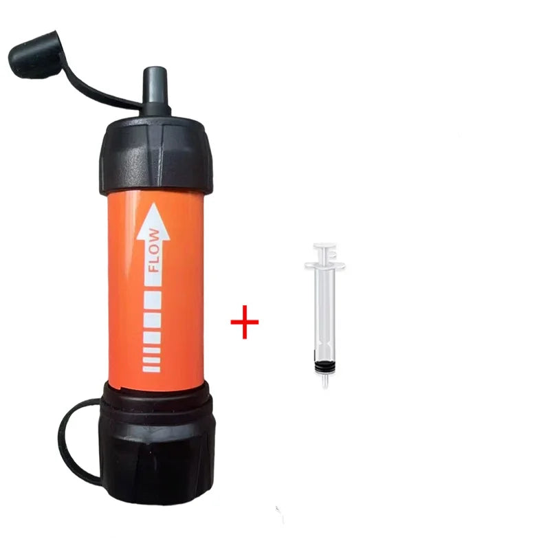 Orange and black water filter straw with a syringe on a white background
