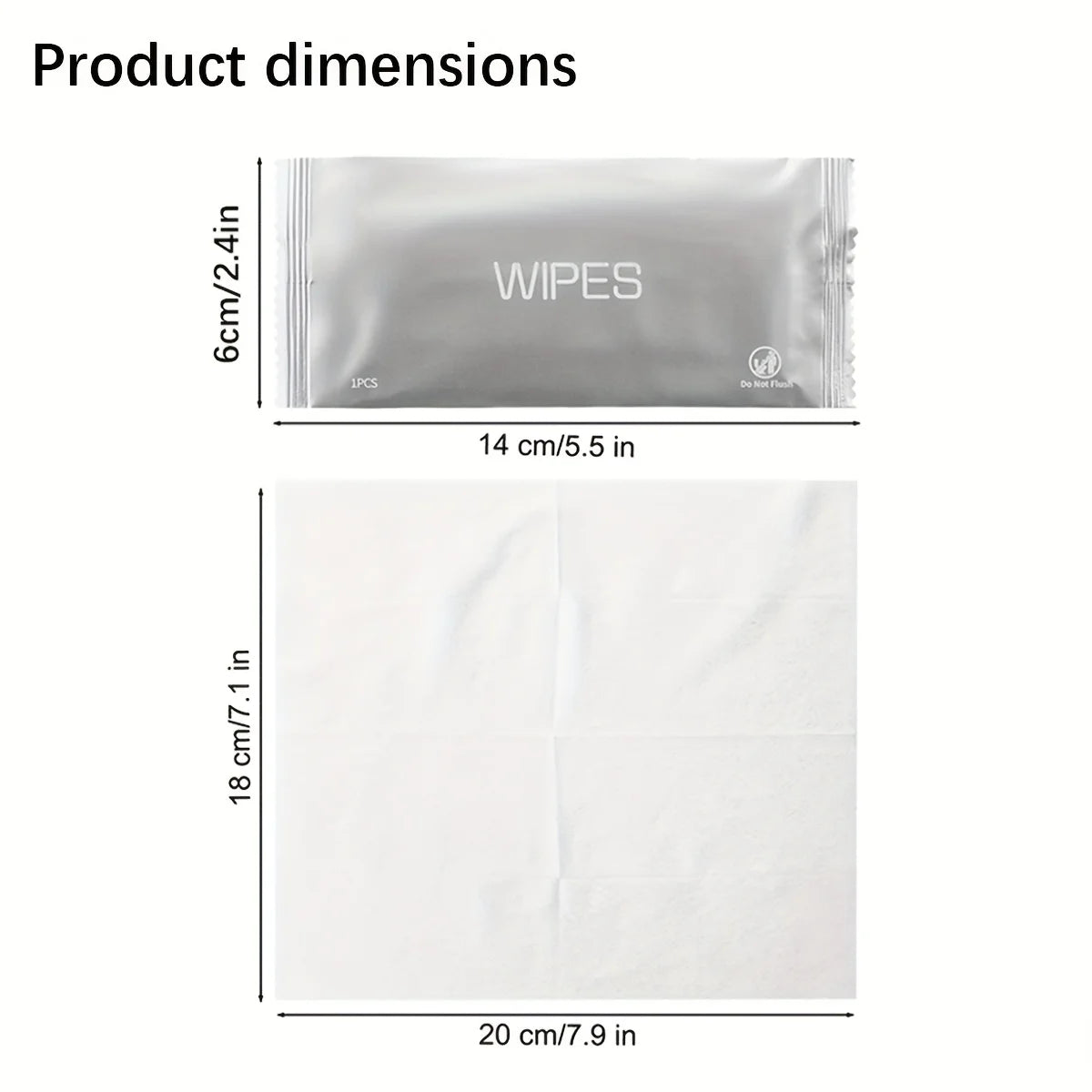 Dimensions of a package labeled 'Wipes' on a white background