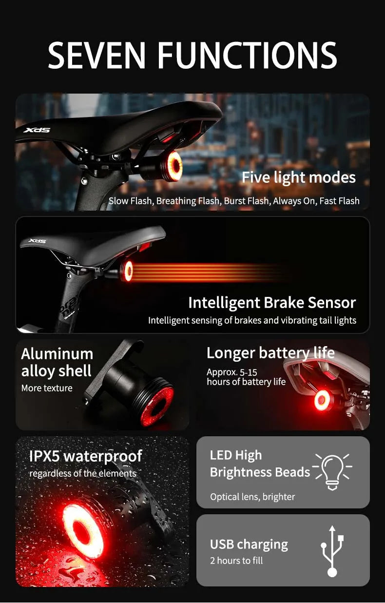 Smart Auto Brake Sensing Bike Tail Light — USB Rechargeable Waterproof LED