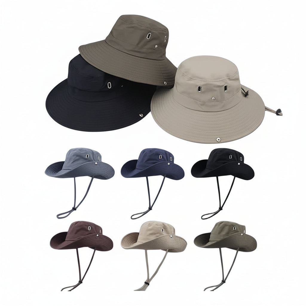 Collection of various bucket hats in different colors on a white background.