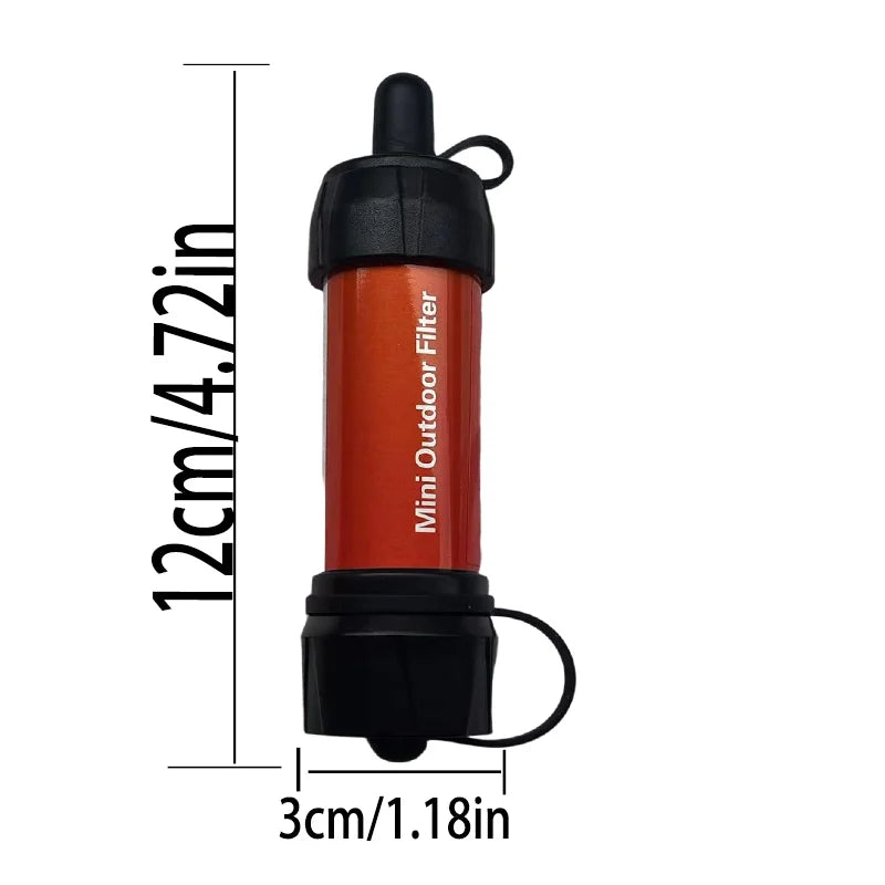 Mini outdoor water filter with dimensions on a white background