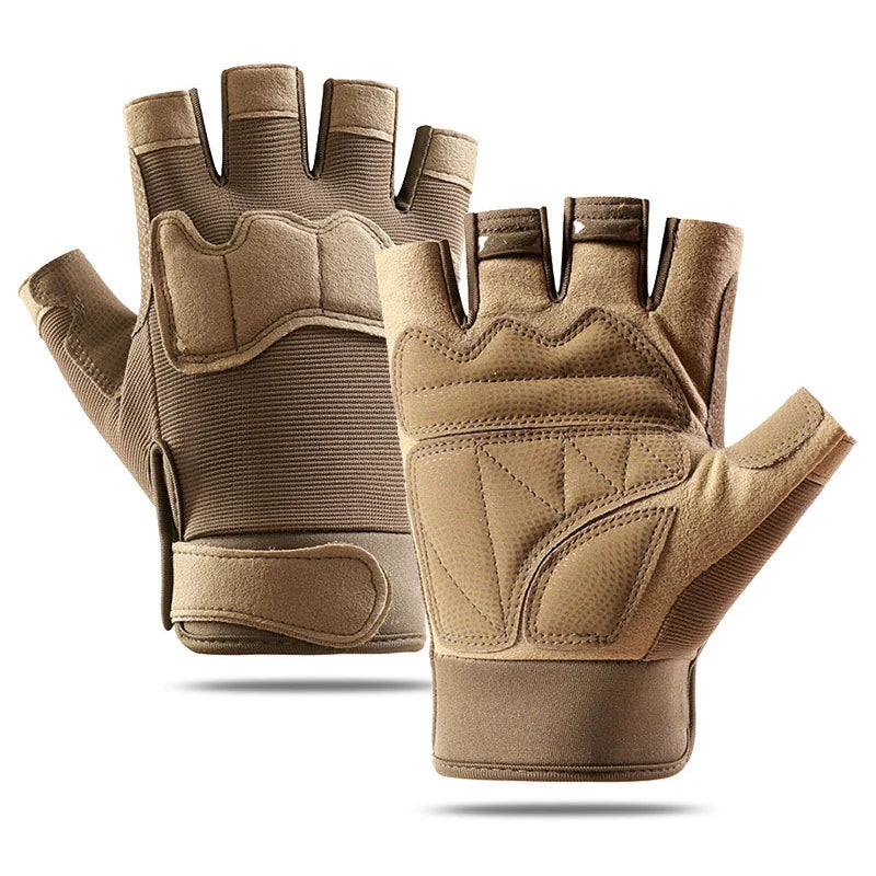 Pair of tan gloves on a white background