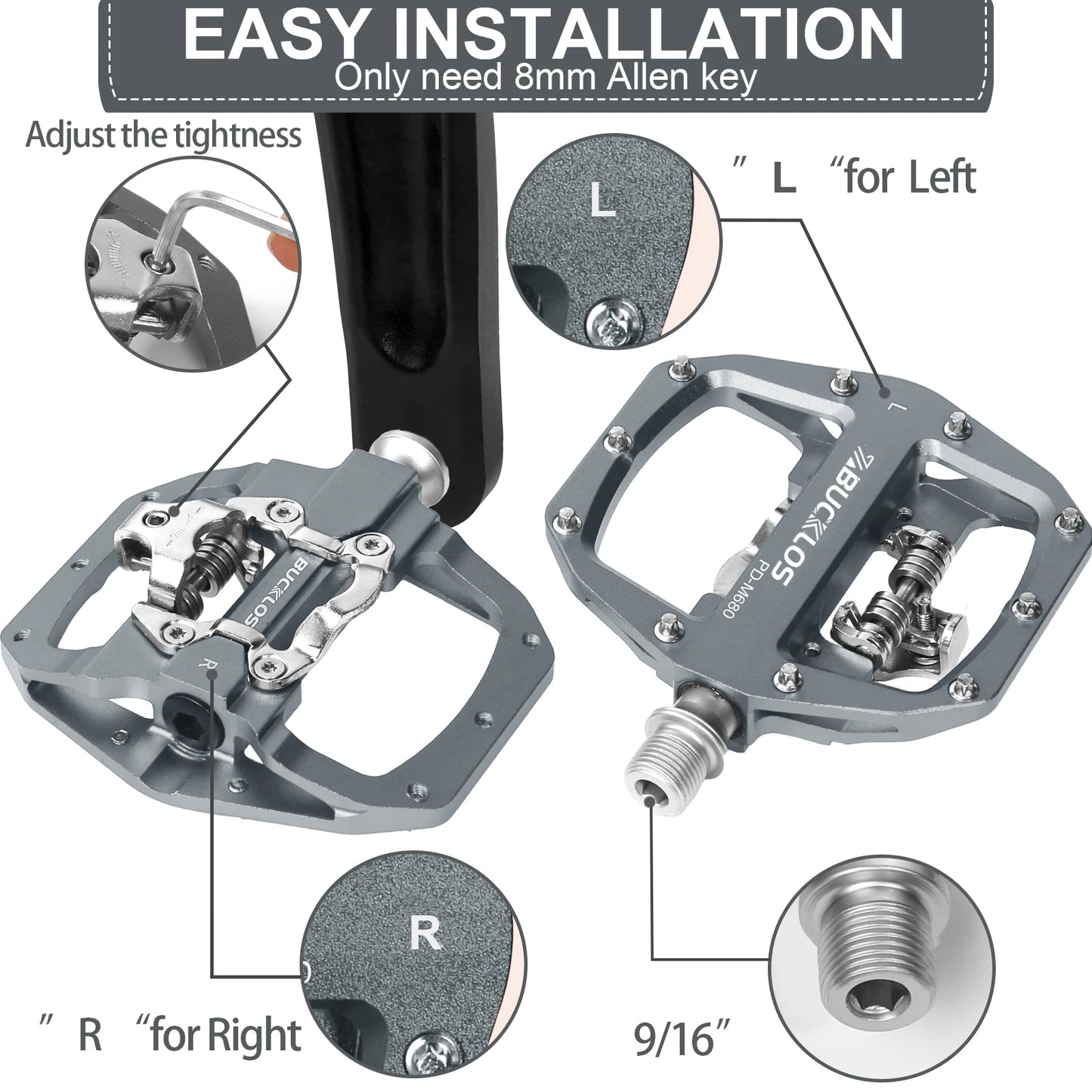 Bucklos MTB SPD Dual-Function Pedals – Clipless & Flat Platform, Non-Slip