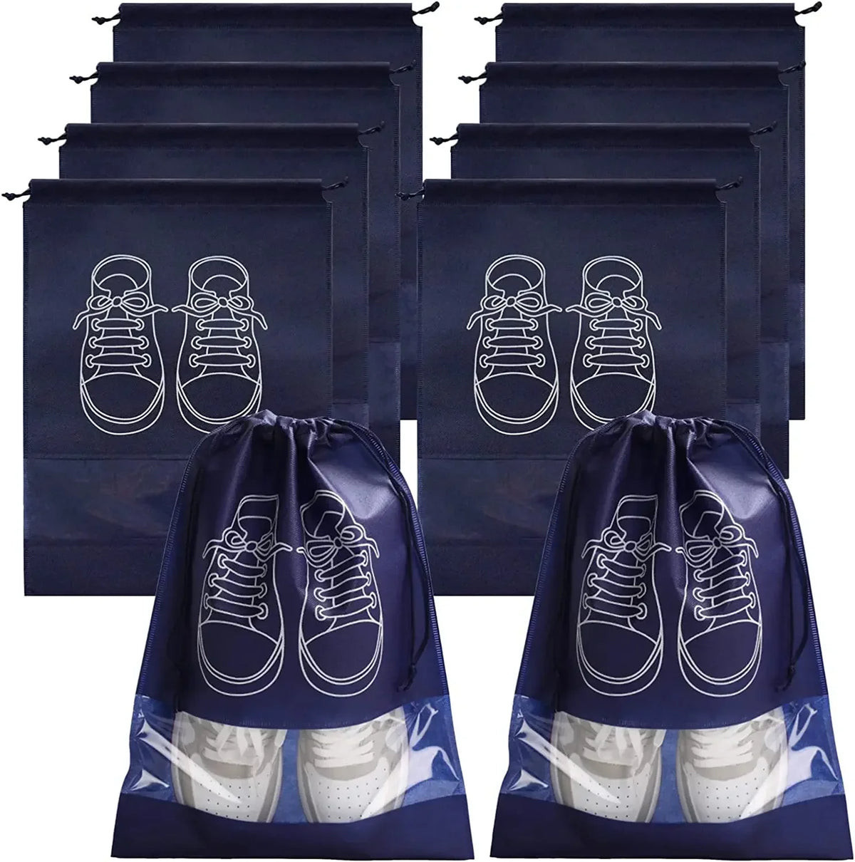 Set of blue shoe bags with white shoe illustrations on a white background