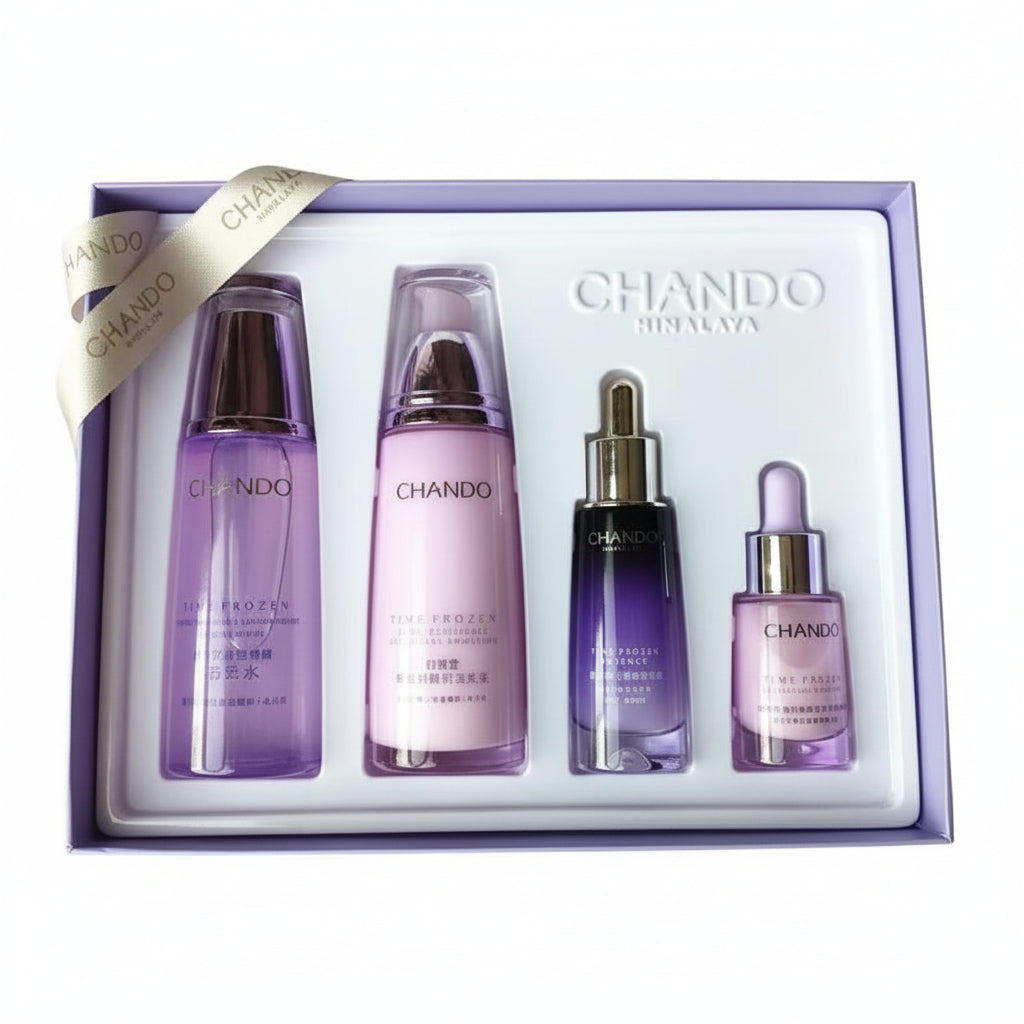 Chando Mihara skincare gift set in a light purple box, containing four bottles of skincare products in shades of purple, pink, and dark blue, with Chinese text labels at the bottom.