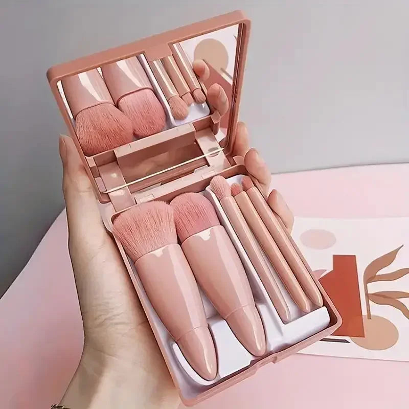 5-Piece Mini Travel Makeup Brush Set with Mirror Case