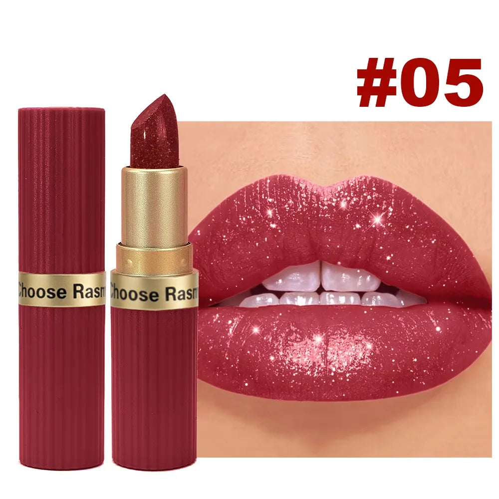 Pearlescent Pink Glitter Velvet Lipstick – Metallic Waterproof Shimmer Diamond Finish