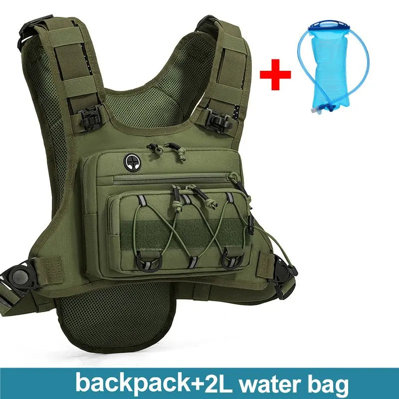 An olive green tactical backpack shown on a white background with a red plus sign and a small blue 2L water bag.
